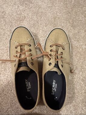 Sperry Tan Canvas Low-Top Sneakers with Brown Laces